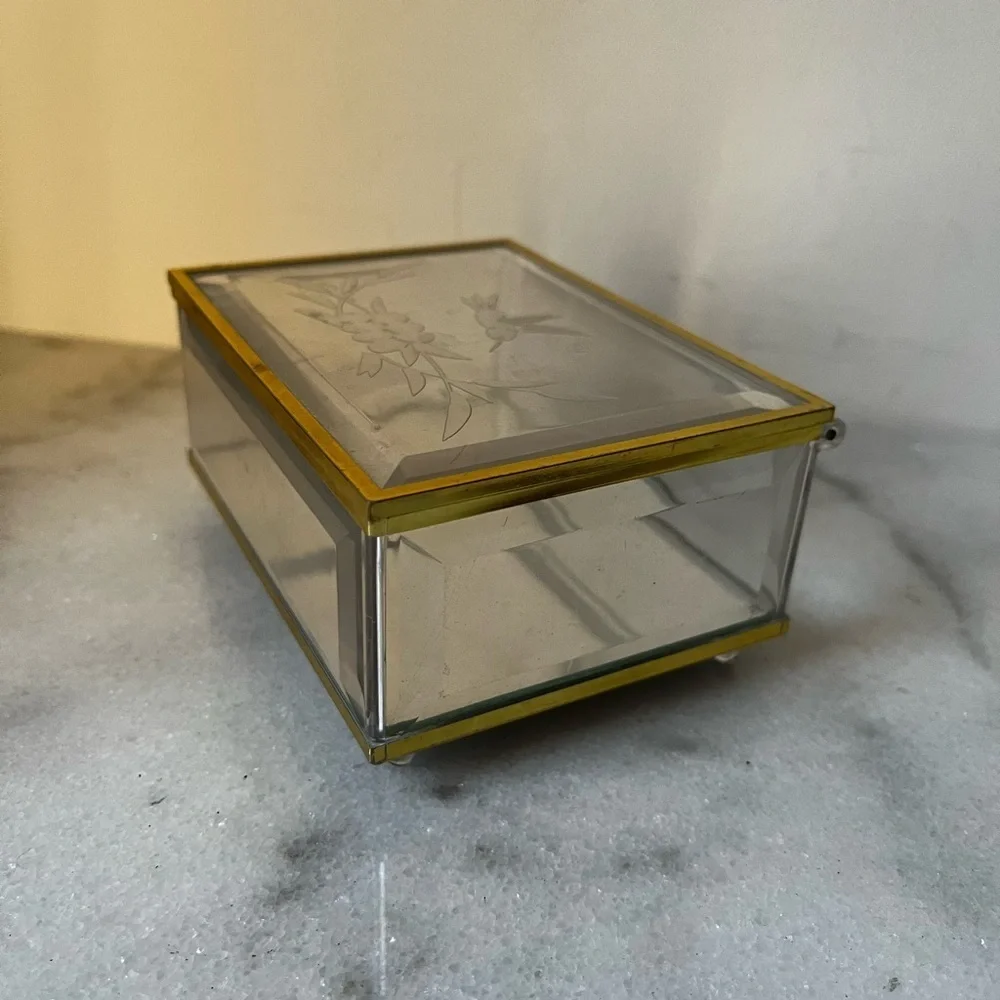Vintage acrylic Jewelry Box with Gold brass Trim